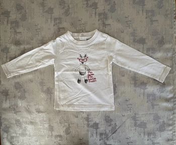 Pull fin manches longues TAO – 18 mois – Blanc motif lapin 🐰 – 100% coton – TBE 