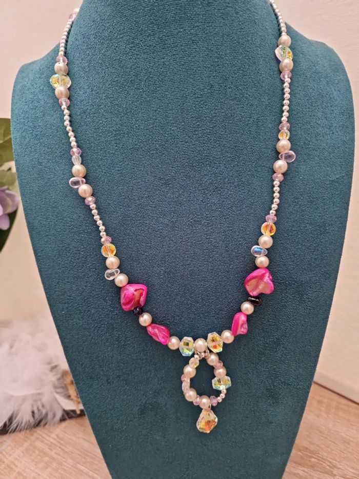 Collier Sautoir Perles Nacrées Perles Cristal Perles Coquillage Fushia - photo numéro 7