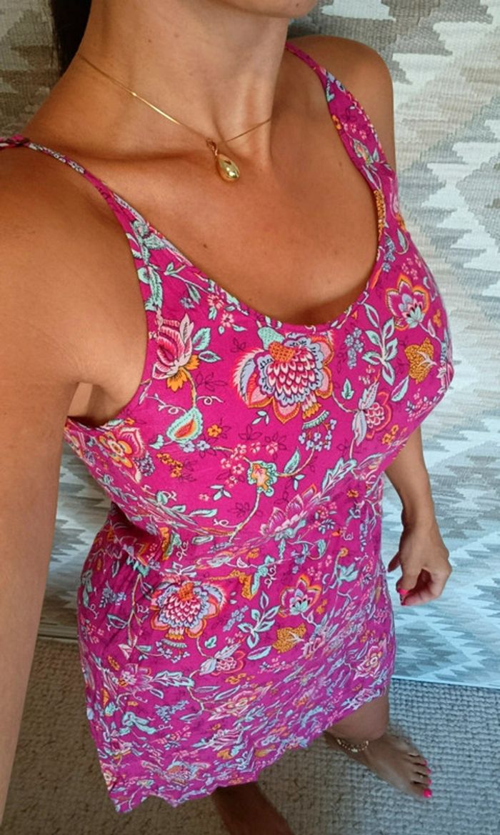 Robe d'été American Vintage S rose fuchsia motif fleuri feuillage taille élastique
