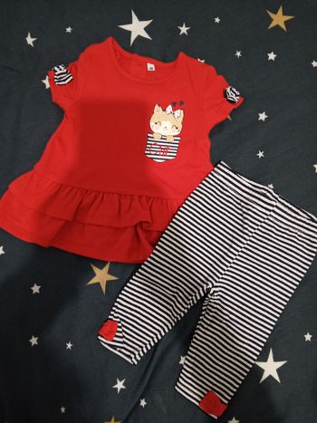 Ensemble rouge/rayures "cat" _ 3 mois