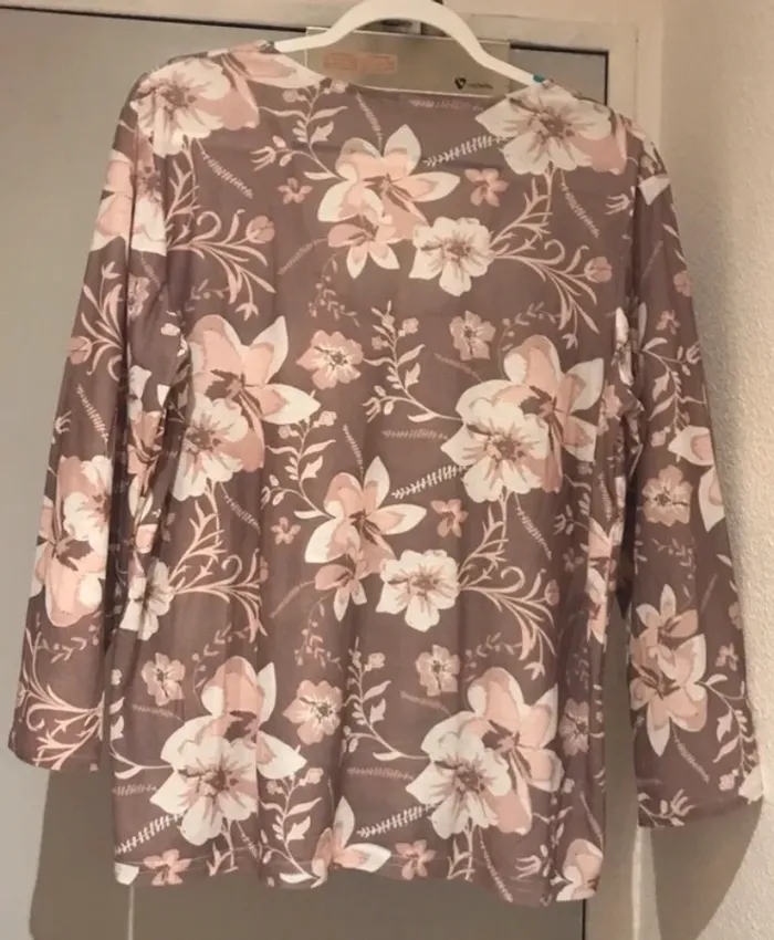 Haut femme manche longue fleuris #marron blanc taille unique - photo numéro 2