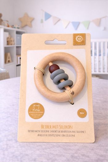 Anneau de dentition bébé bois & silicone – naturel (neuf)