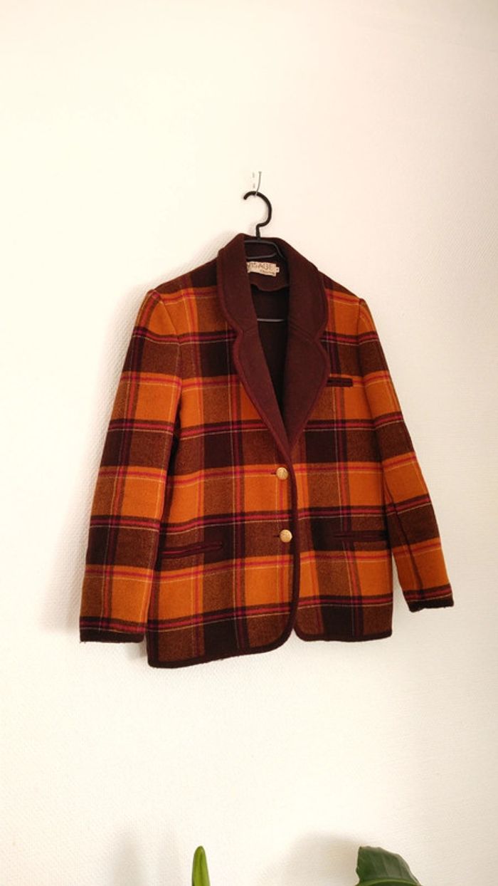 Veste en laine vintage oversize carreaux orange brun marron - photo numéro 12