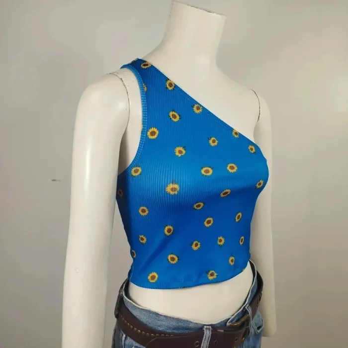 Crop top asymétrique bleu à tournesols – Taille S/M A716 - photo numéro 3