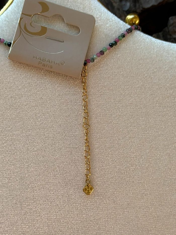 Collier réglable perles naturelles jade vert rose améthyste chaînes acier inoxydable or habaha Paris - photo numéro 5