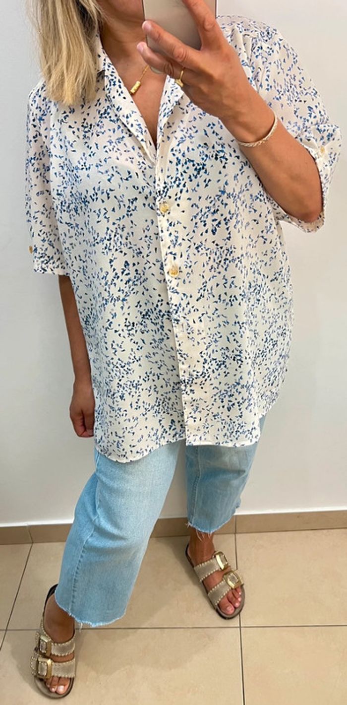 🌿 Chemise imprimé bleu sur fond écru Taille - photo numéro 7