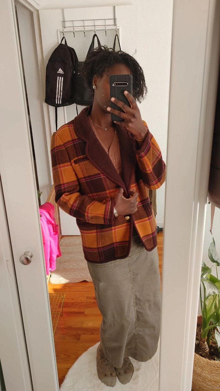 Veste en laine vintage oversize carreaux orange brun marron - photo numéro 3
