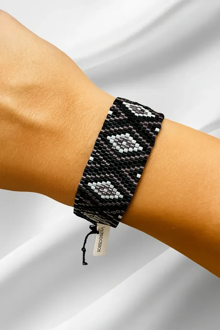 Bracelet tissé motif géométrique noir blanc doré leslii neuf