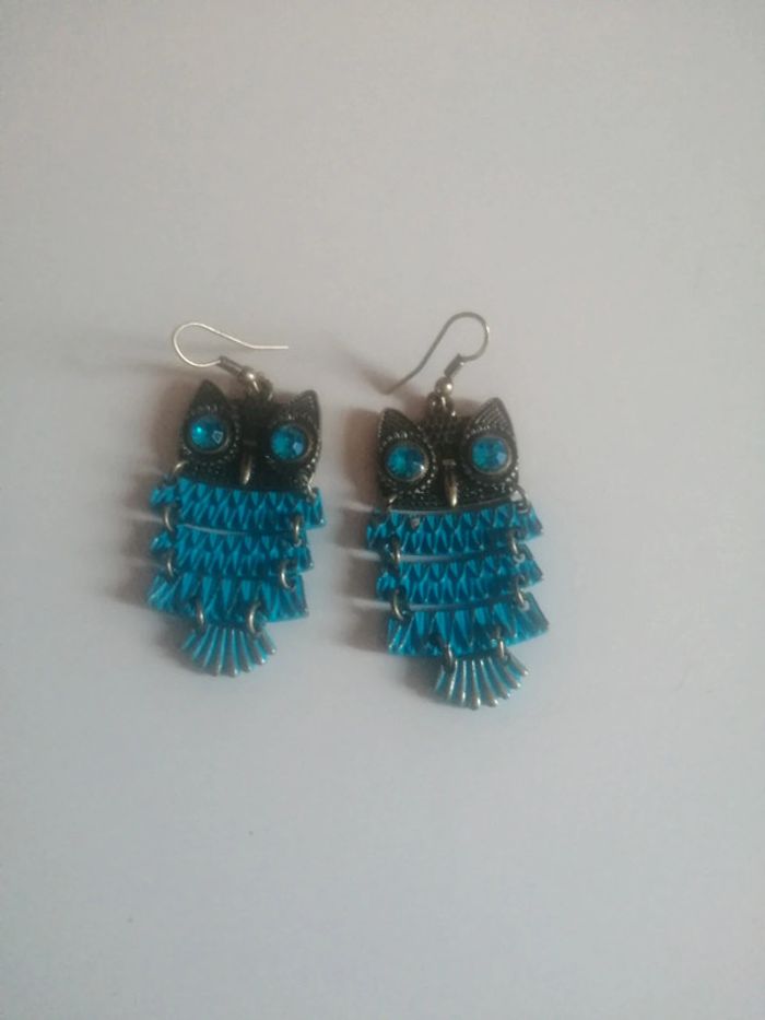 🌸Boucles d'oreille articulées hibou bleu "Vintage" 🌸 - photo numéro 2
