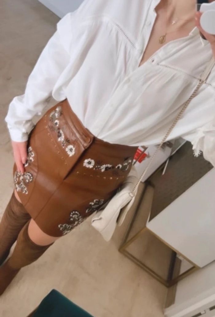 Jupe en cuir brodée, marron, Stradivarius - photo numéro 10
