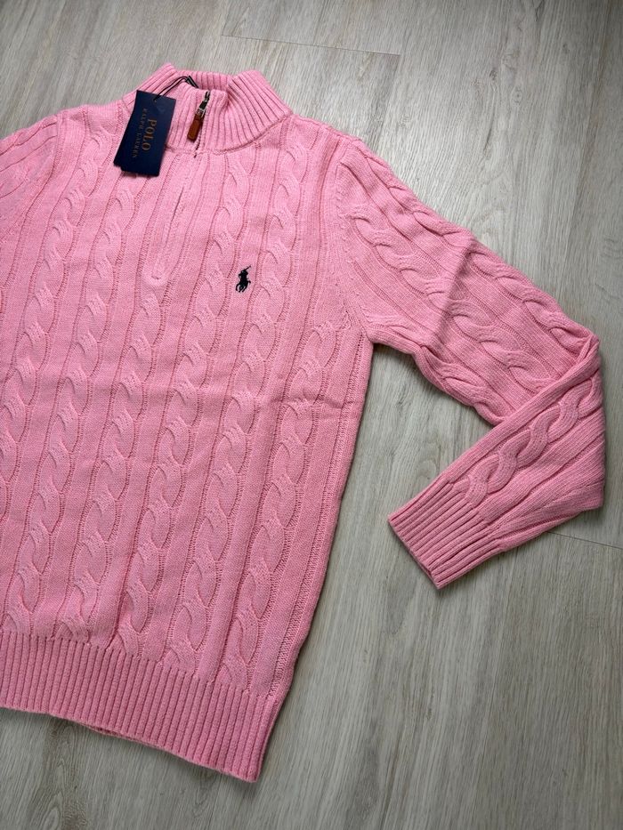 Torsadé Half zip demi zip Ralph Lauren col rond | Taille M hommes | Rose avec logo noir - photo numéro 4