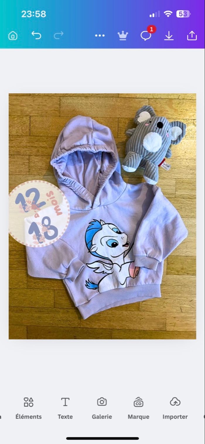 🦄 sweat à capuche licorne disney primark 12/18 mois 💜