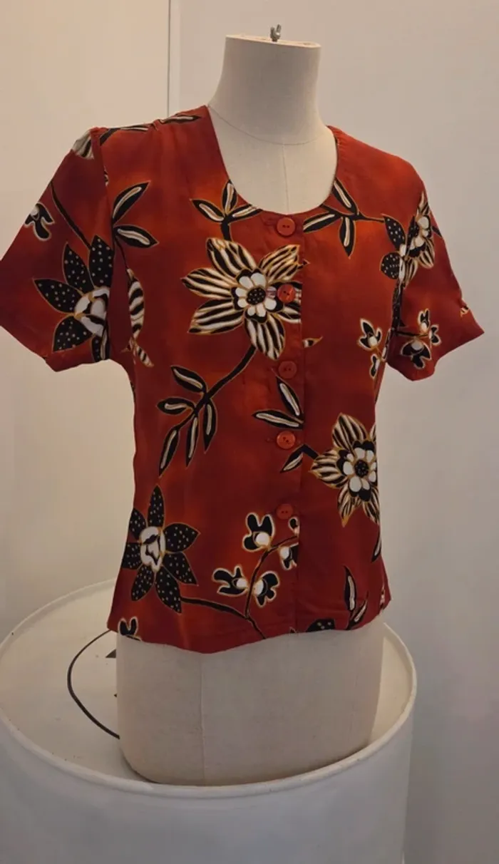 Chemisier vintage Burton fleuri rouge brique – taille 40 - photo numéro 2