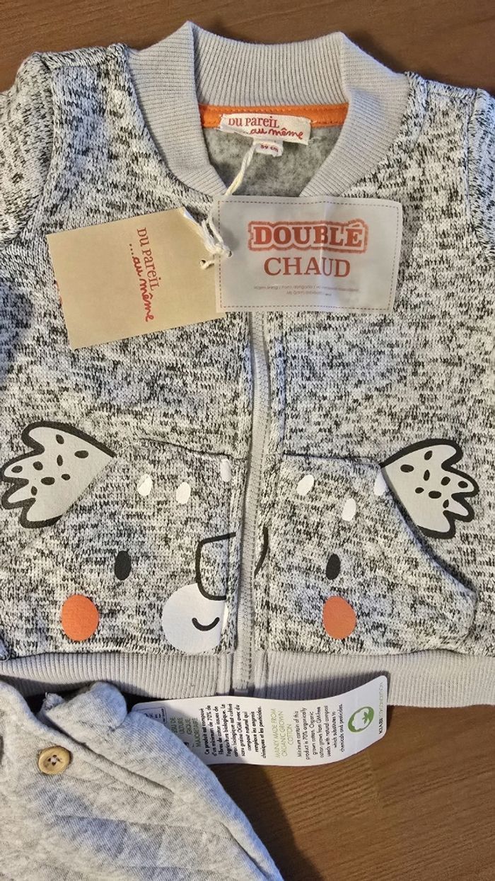 (NEUFS non portés) 🏷🏷SUPERBE ensemble sweat zippé et chaud et salopette matelassée 3mois Garçon 💙🥰 - photo numéro 4
