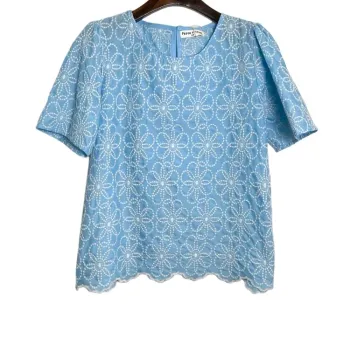 T shirt top bleu fleur blanc brodé