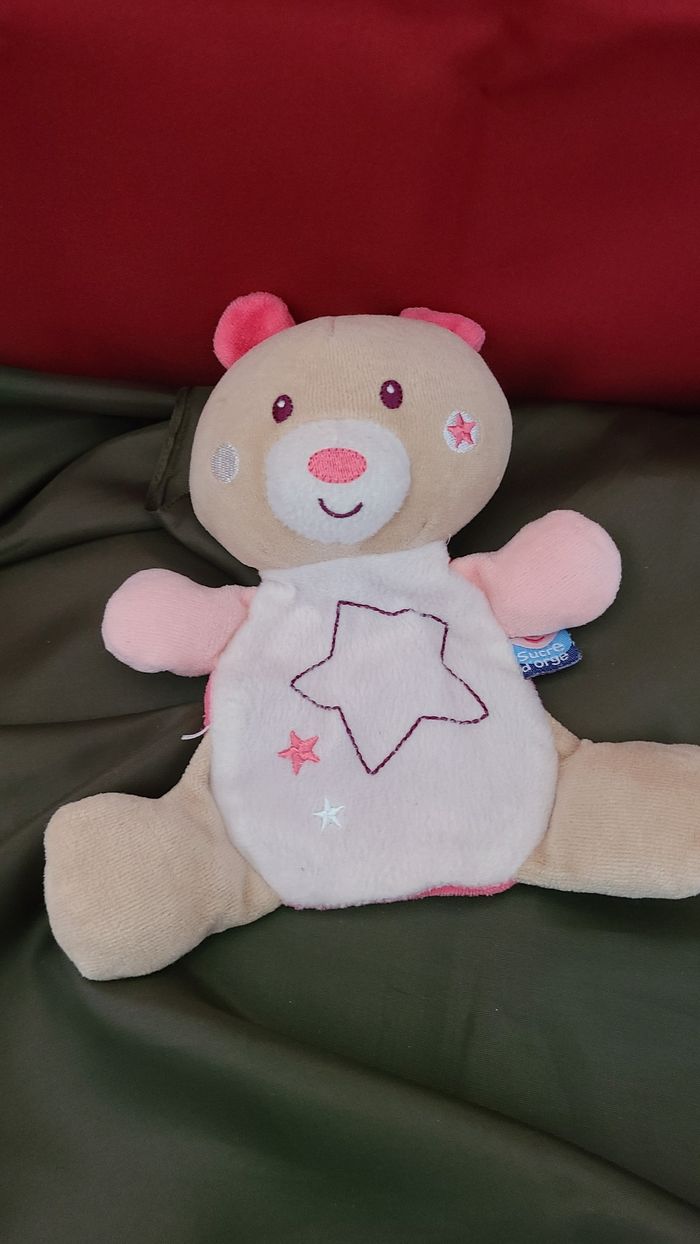Sucre d'orge Magidoux doudou plat ours blanc rose marron étoile