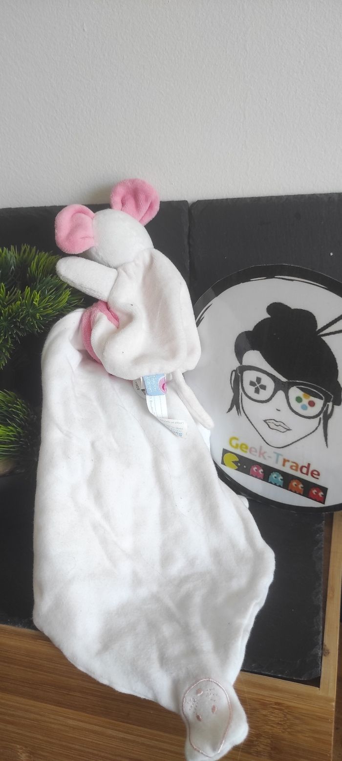 Doudou mouchoir souris Sucre d'orge rose blanc cajou noeud range peluche Velour - photo numéro 2