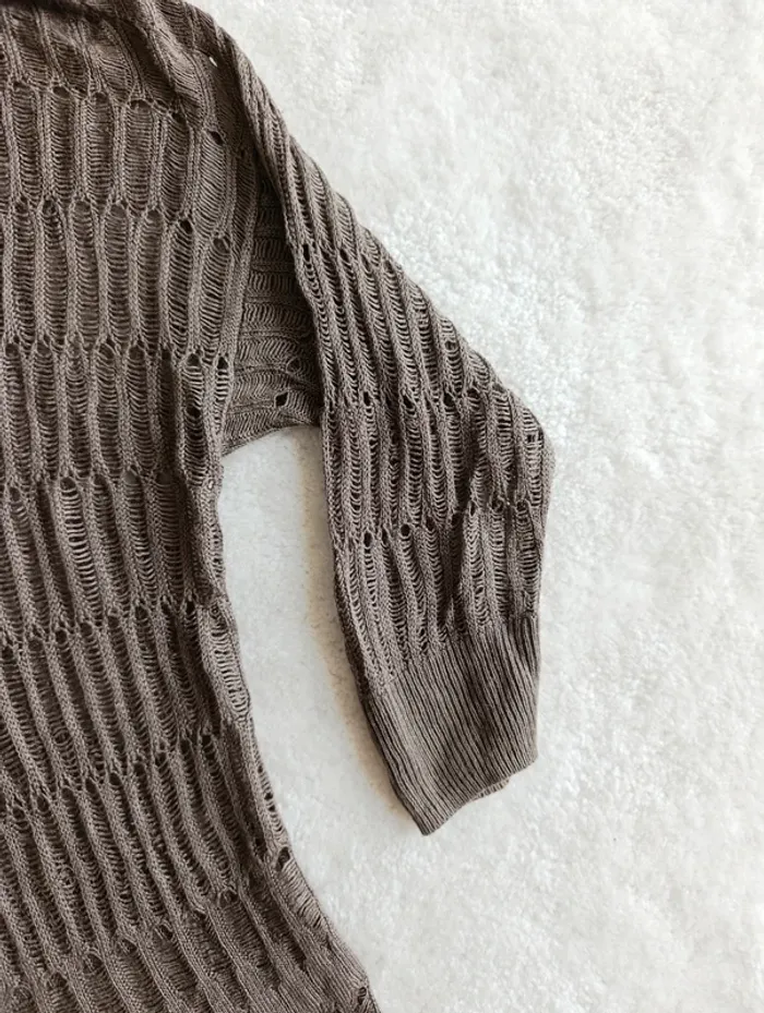 Pull léger Mango suit M beige taupe mailles écartées ajourées manches 3/4 - photo numéro 5
