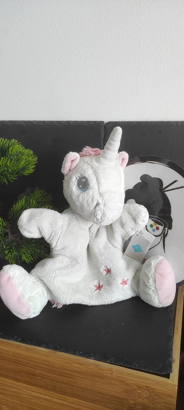 Doudou marionnette licorne tex baby blanc rose étoile bleu Nicotoy