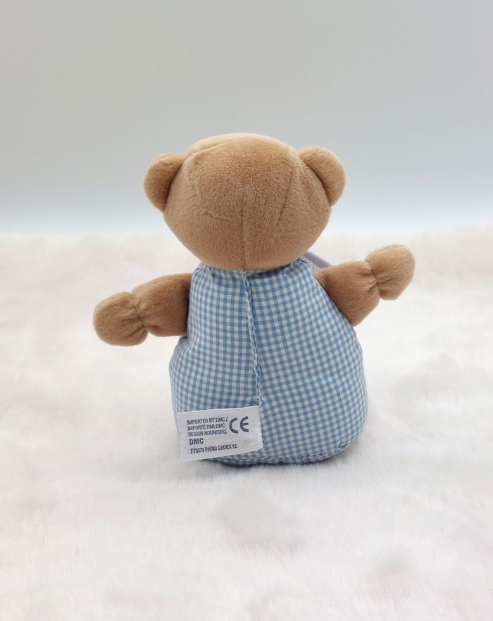 Petite peluche doudou ours ourson beige marron DMC carreaux vichy bleu blanc - photo numéro 2
