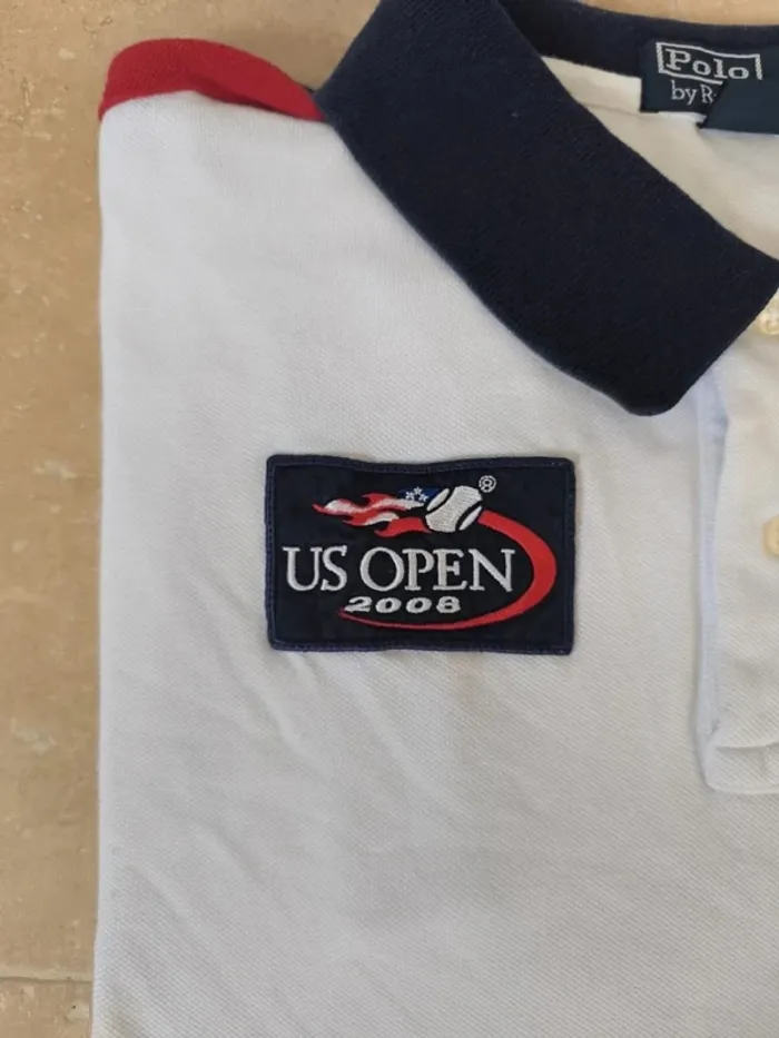 Joli Polo Ralph Lauren XXL blanc logo marine US Open 2008 collector tâché - photo numéro 3