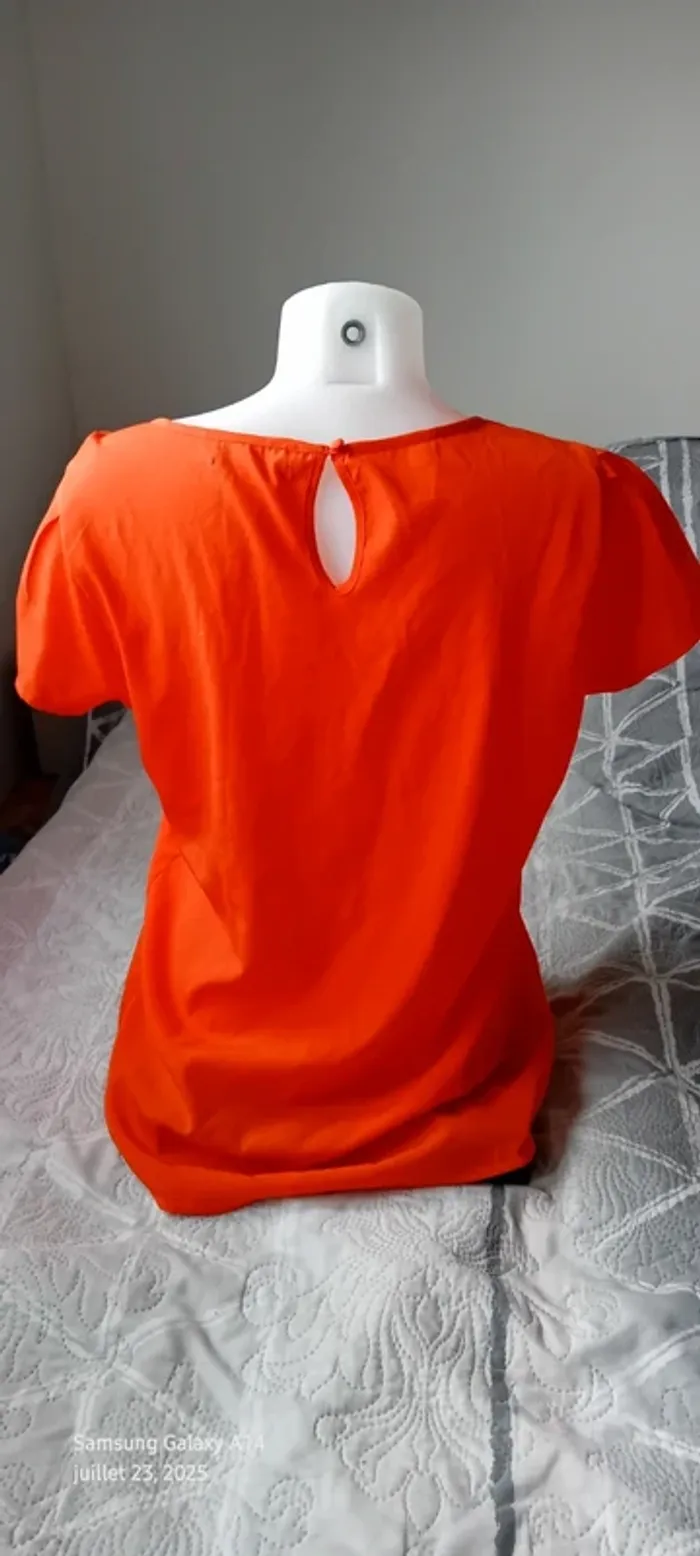 Blouse légère manches courtes col rond ouverture goutte d eau au dos orange femme L - photo numéro 6