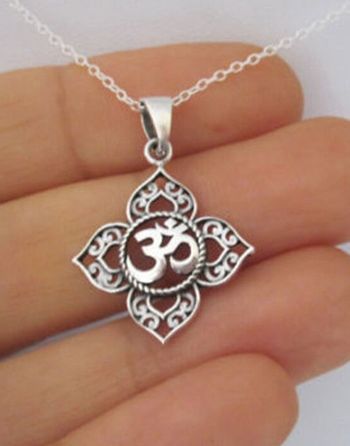 Pendentif Collier de Yoga Filigrane OHM OM AUM Bouddha Lotus Argent 925/1000 Bouddhiste