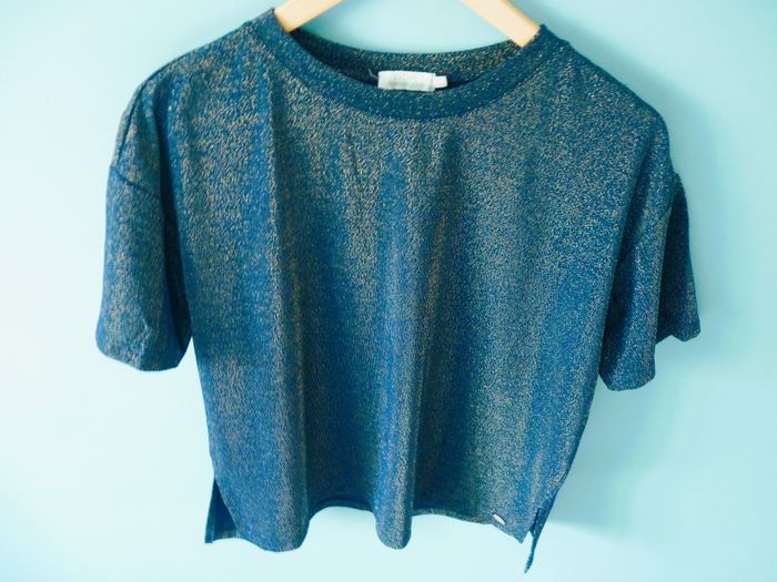 T-shirt femme DDP 36 S Bleu marine metallise irrise neuf col rond