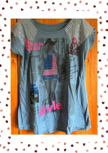 T-shirt bleu sequins imprimés taille unique