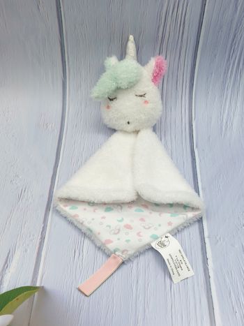 Doudou plat licorne blanc vert rose bébé douceur Babou grelot arc-en-ciel
