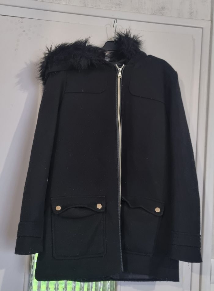 manteau noir caban à capuche fourrure kiabi taille 36
