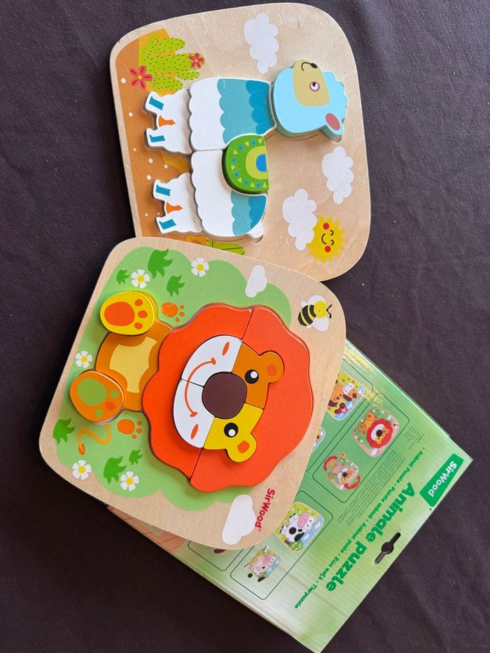 Lot 2 puzzles bois Lama et Lion 1-2 ans