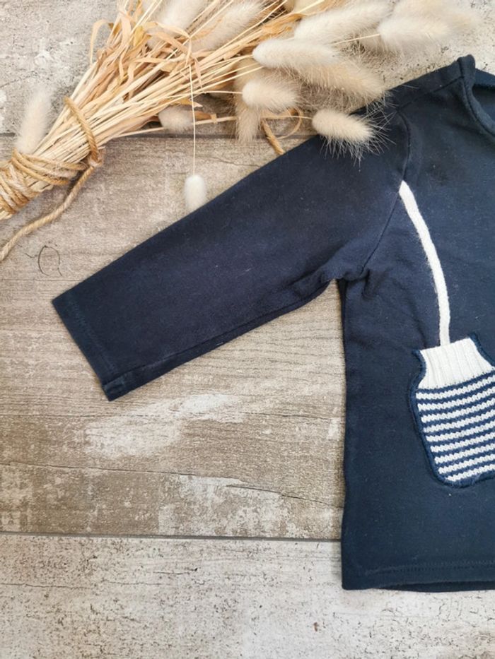 🌺IKKS 6mois Très joli teeshirt manches longues bleu marine et blanc pois rayure blanc moufles fille - photo numéro 5
