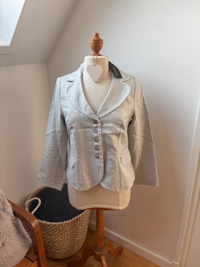 🤍 Sublime blazer en lin - gris détails blancs - T40