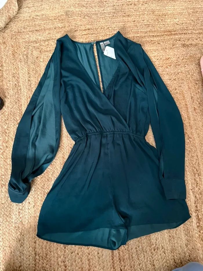 Combishort fluide satiné vert canard/bleu pétrole -Taille 34