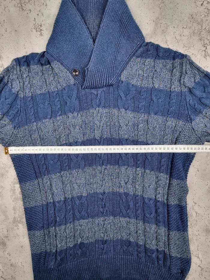 Pull col châle torsadé Tommy Hilfiger rayé bleu & gris – Taille M Homme (mesures en photos) - photo numéro 8