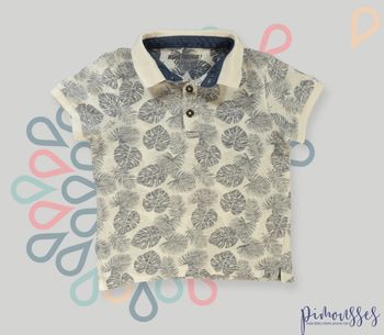 Tee-shirt polo manches courtes jersey blanc bleu feuilles Même Pas Peur 4 ans garçon