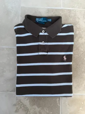 Polo Ralph Lauren M custom fit marron rayures crème logo rose troué