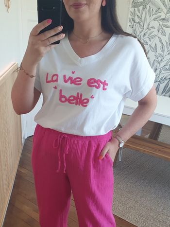 T-shirt La vie est belle blanc/fushia Taille unique