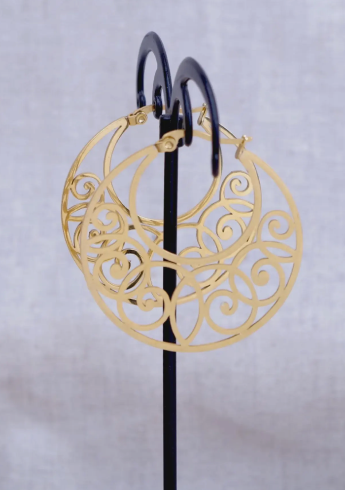 Créoles rondes 40 mm fleurs doré à l'or fin 14 carats - photo numéro 2