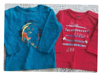 Lot de 2 tee-shirts, ML, bleu et rouge, Grain de blé, en très bon état, taille 3 mois