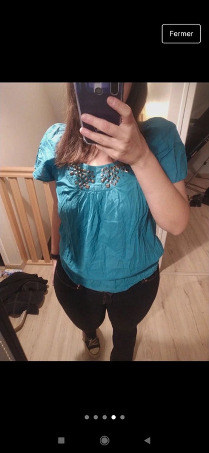 Blouse été turquoise clous taille L - photo numéro 4