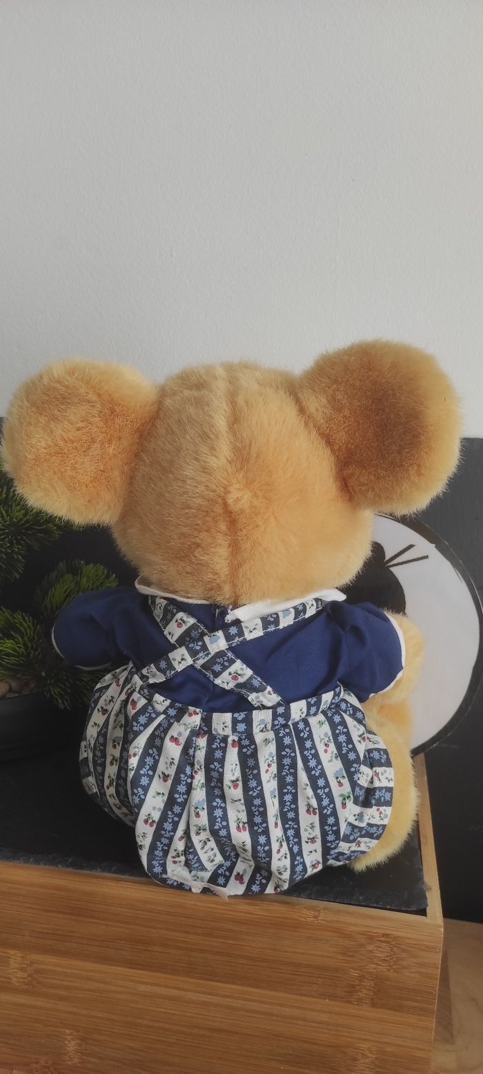 doudou peluche ours jemini marron beige bleu rayure noeud salopette Fleur Blanc - photo numéro 2