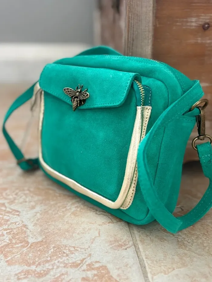 Sac cuir bandoulière vert avec fermeture abeille - photo numéro 7