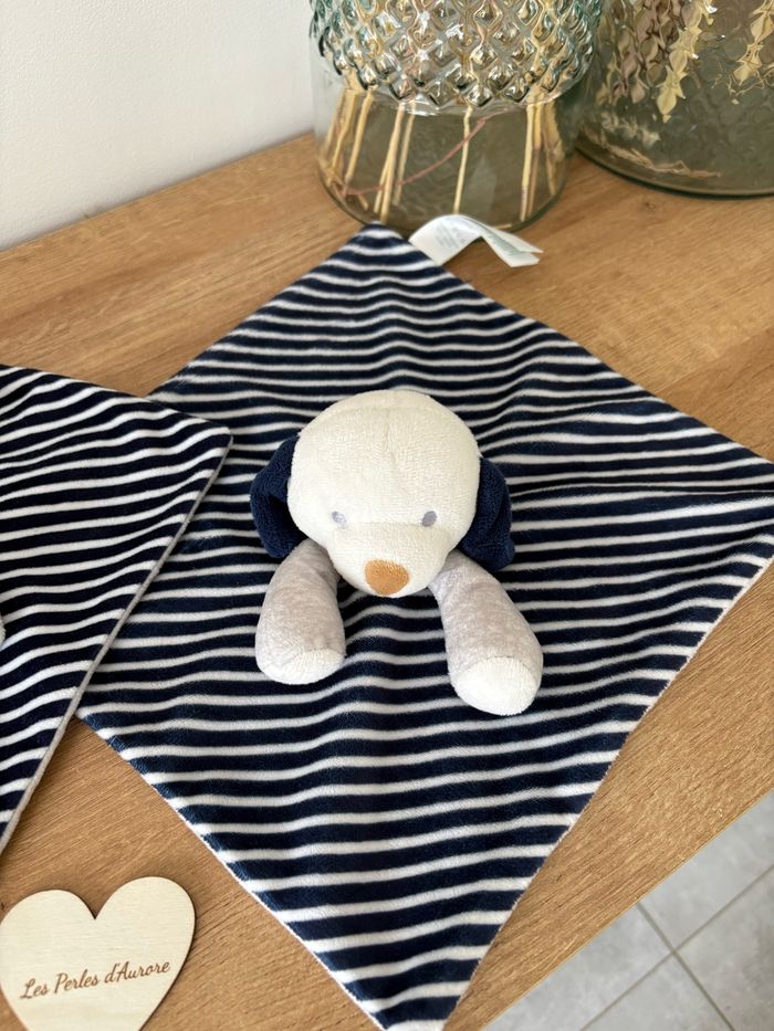 2 doudous chien rayures bleu marine blanc gris - photo numéro 2