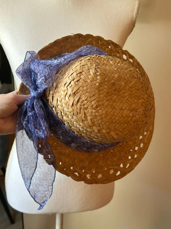Chapeau en paille ruban imprimé bleu modèle vintage fabriqué en Italie T.U - photo numéro 10