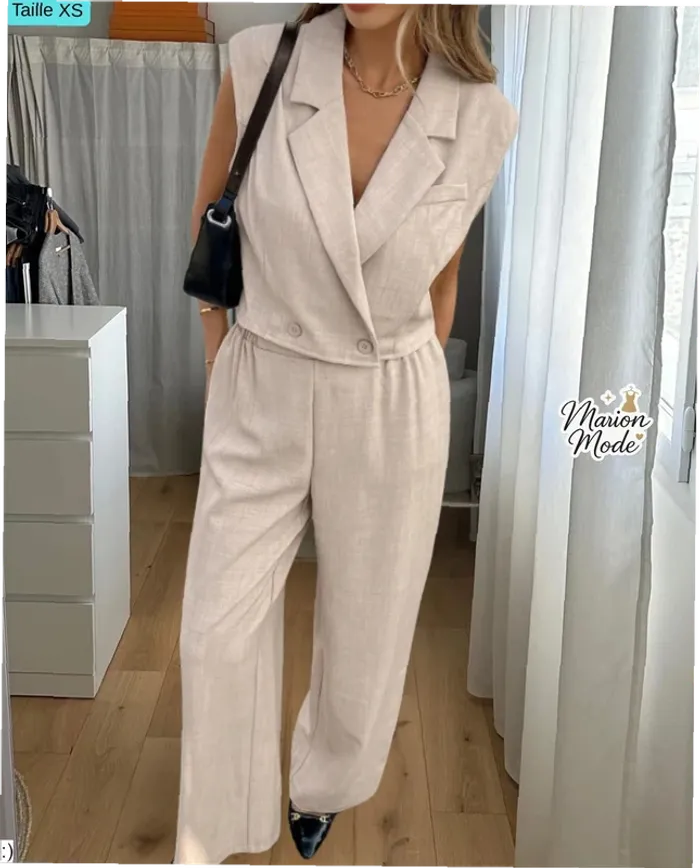 Ensemble XS Beige Coordonné Blazer sans Manches - Pantalon Large Neuf Jamais Porté