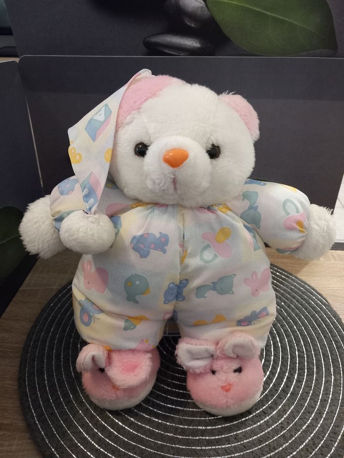 Peluche ours ABC vintage 32cm pantoufles lapins