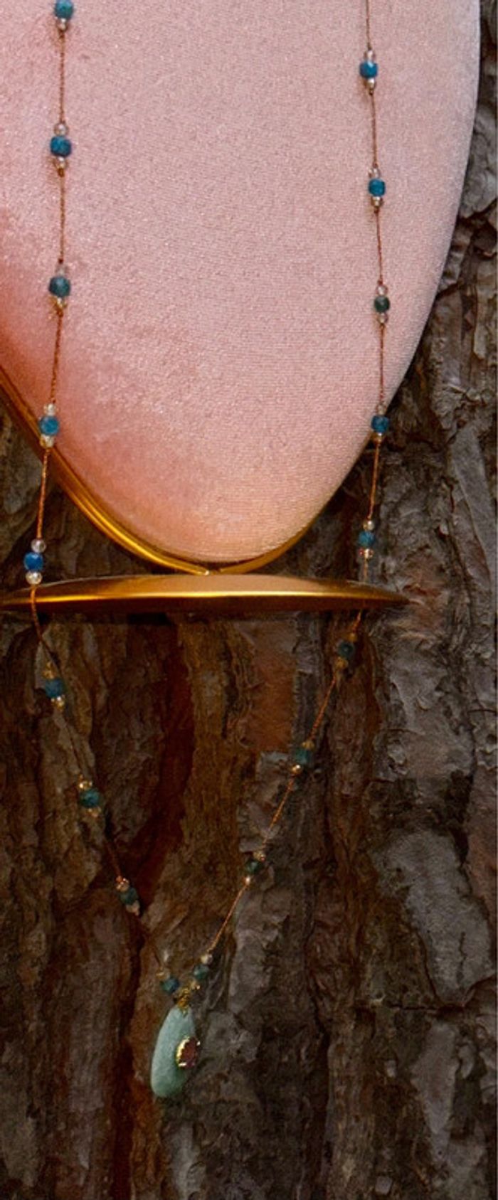 Sautoir fils tissés mordoré ´s psy’ed naturelle pendentif jade vert rose Habaha Paris - photo numéro 3