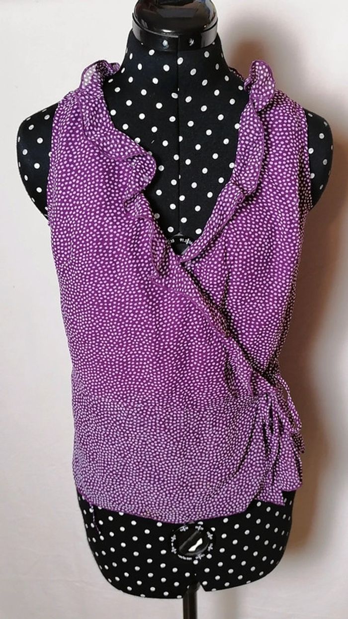 Top cache-cœur à volants violet pois blanc Taille 40 Etam - photo numéro 2